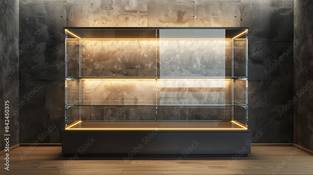 Empty glass showcase with adjustable lighting, suitable for displaying products or collectibles, Generative AI