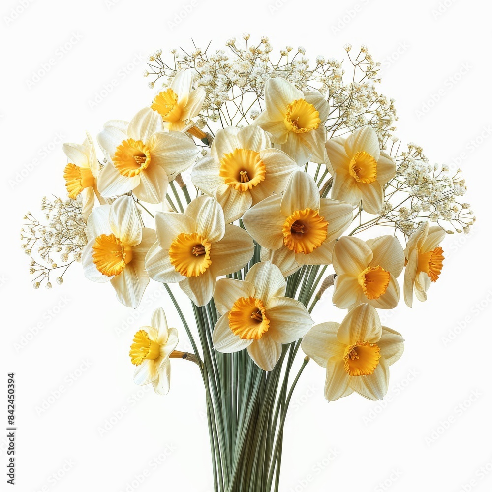 Obraz premium Springtime Serenity - Breathtaking Daffodil Bouquet with Baby's Breath on White Background, Realistic Photography with Soft Light and Shadow in Stunning 8K HD Quality