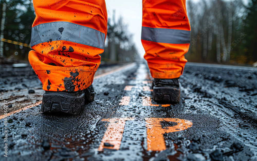 Road workers in orange uniforms work on the road. Close-up photo of work boots Road workers in orange uniforms work on the road. Close-up photo of work boots