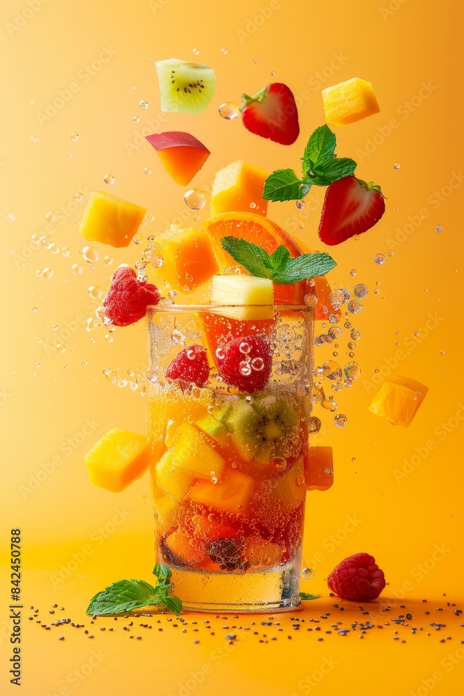A vibrant and refreshing glass of fruit-infused water with various fruits and mint leaves captured mid-splash against a yellow background.