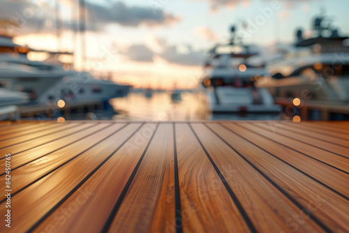 An elegant, polished teak deck table in the foreground with a blurred background of an exclusive yacht club. The background includes sleek yachts moored at the marina.