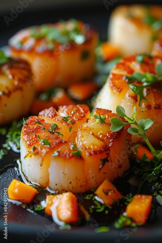 Close-up of perfectly seared scallops garnished with fresh herbs and served with diced vegetables on a black plate.