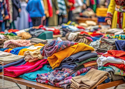 A pile of colorful vintage clothing on a table at a flea market, vintage, clothing, pile, colorful, flea market, table, retro, secondhand, market, fashion, textile, fabric, classic, rag © Sompong