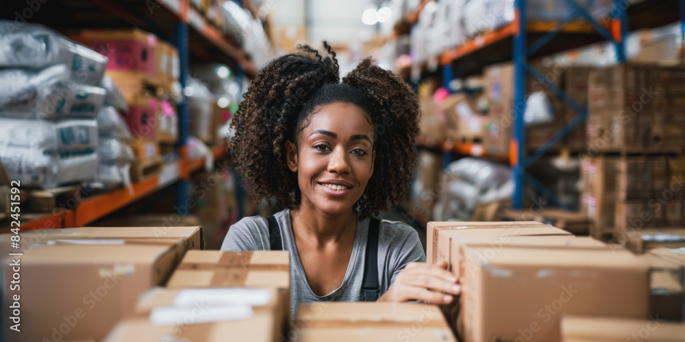 Warehouse worker organizing boxes on shelves Warehouse worker organizing boxes on shelves