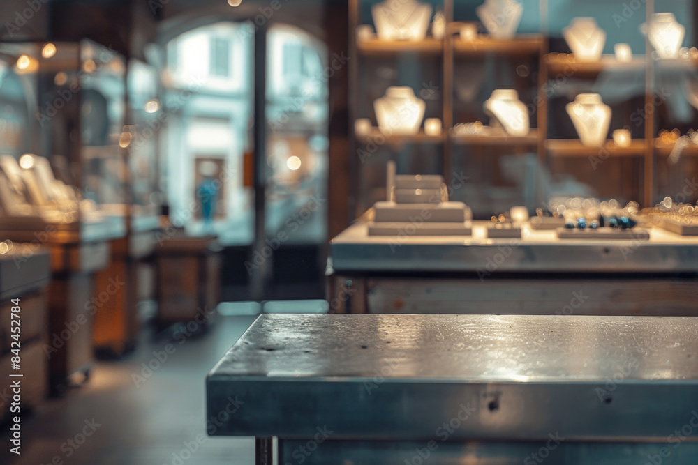 An elegant, polished metal workbench in the foreground with a blurred background of a luxury jewelry workshop. An elegant, polished metal workbench in the foreground with a blurred background of a luxury jewelry workshop.