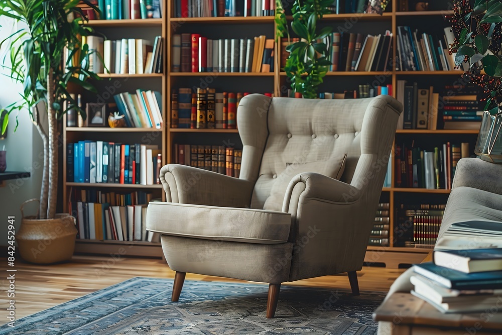 An armchair in a cozy corner of a living room. Behind the chair there are bookshelves and plants An armchair in a cozy corner of a living room. Behind the chair there are bookshelves and plants