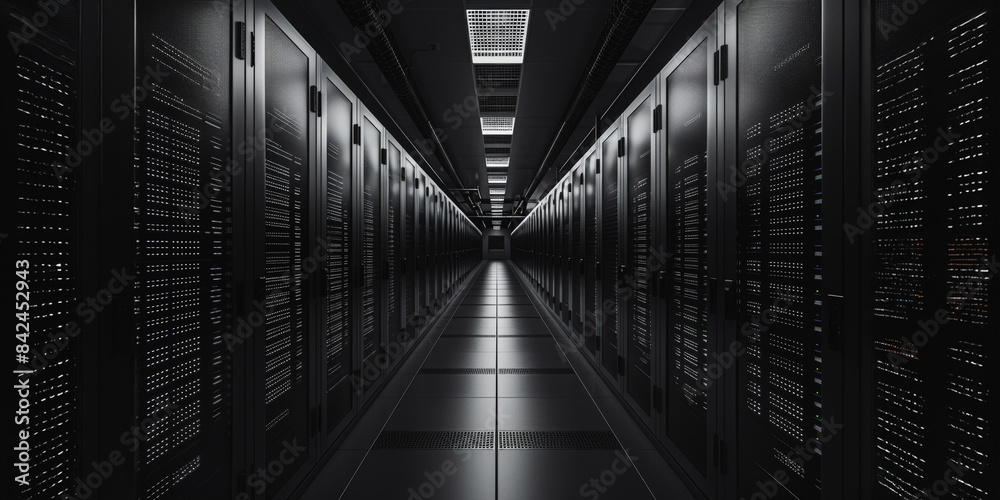 High-tech data center with black server racks High-tech data center with black server racks