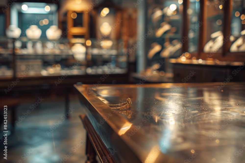 An elegant, polished metal workbench in the foreground with a blurred background of a luxury jewelry workshop. An elegant, polished metal workbench in the foreground with a blurred background of a luxury jewelry workshop.