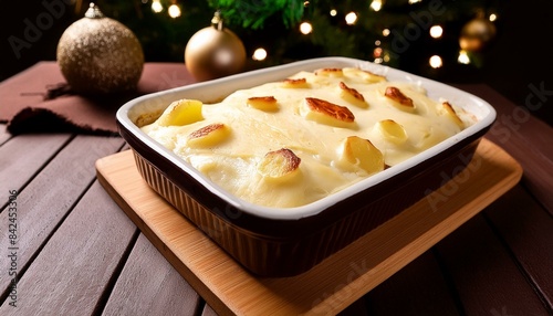 Janssons frestelse or Jansson's temptation is a creamy potato casserole traditionally served at Christmas in Sweden closeup on the baking dish on the table. photo