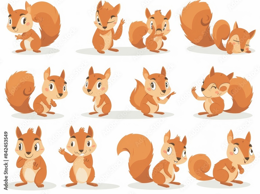 An adorable squirrel modern set with a red furry tail. A cute forest fauna, funny wildlife stickers collection. Happy cub illustrations. An adorable squirrel modern set with a red furry tail. A cute forest fauna, funny wildlife stickers collection. Happy cub illustrations.