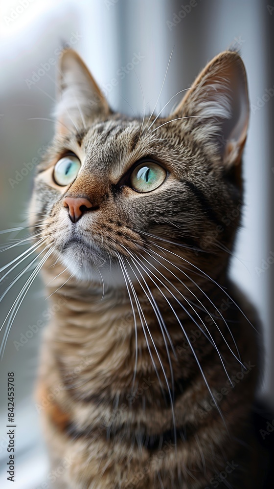 Tabby Cat Looking Up Near Window Tabby Cat Looking Up Near Window