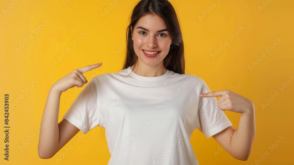 Charming Young Woman Modeling White T-Shirt Against Vibrant Yellow Background Charming Young Woman Modeling White T-Shirt Against Vibrant Yellow Background