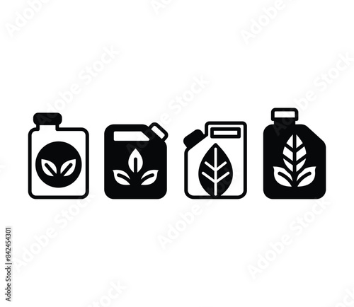 biofuel canister with leaves icons symbol vector design simple black white flat illustration collections sets isolated