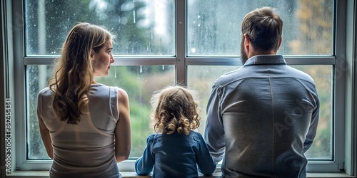 Vater und Mutter mit Kind - Blick aus dem Fenster - Düstere Stimmung - Krise, Trennung und Scheidung