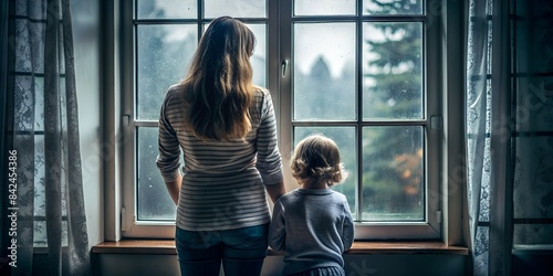 Alleinerziehende Mutter mit Kind - Blick aus dem Fenster - Düstere Stimmung - Alleine und Depression
