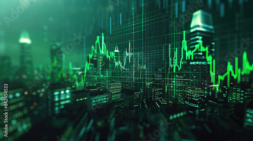modern financial stock market background in the style of green trading chart and cityscape
