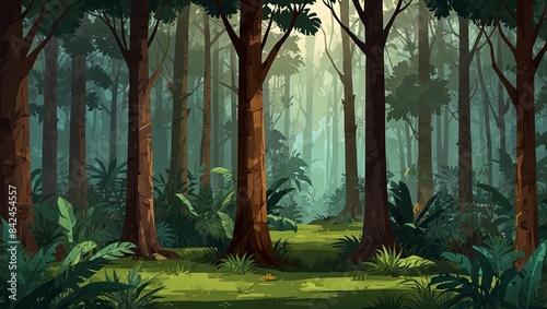 Tropical forest with dense trees and grassy terrain for game levels. 2d style