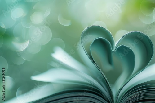 Sheets of book curved into heart shape on unfocused green background photo