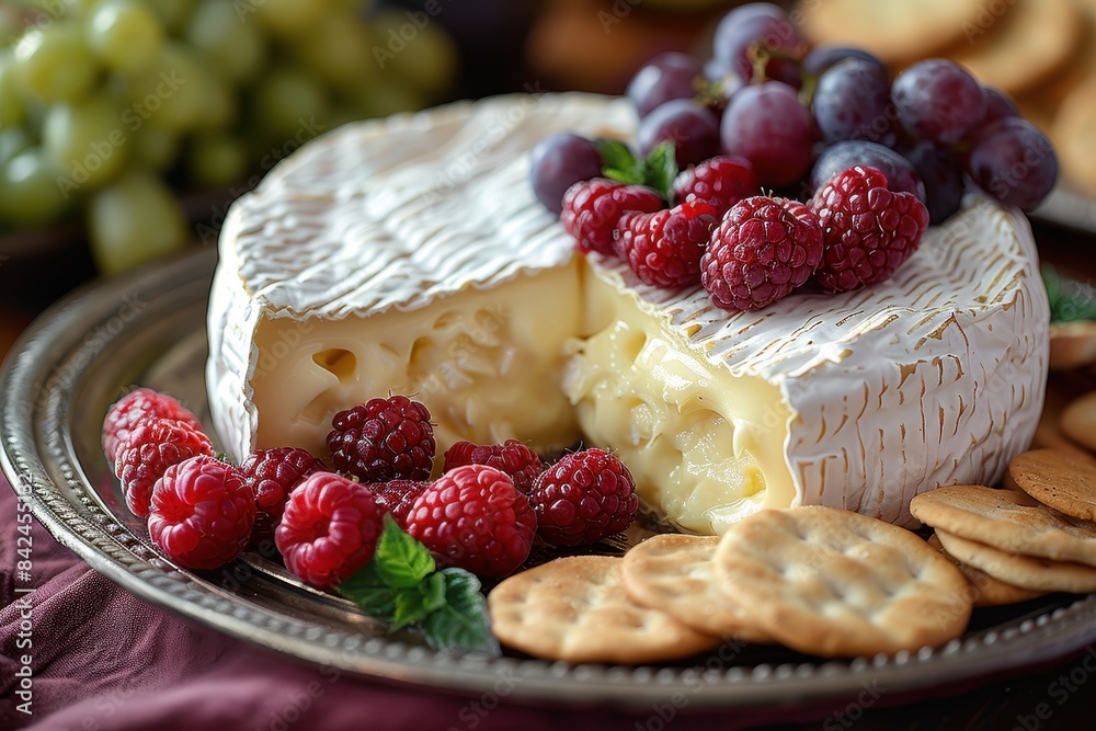Brie Cheese A wheel of creamy Brie cheese with a wedge cut out, showing the soft interior. Served with crackers and fresh fruit. Brie Cheese A wheel of creamy Brie cheese with a wedge cut out, showing the soft interior. Served with crackers and fresh fruit.
