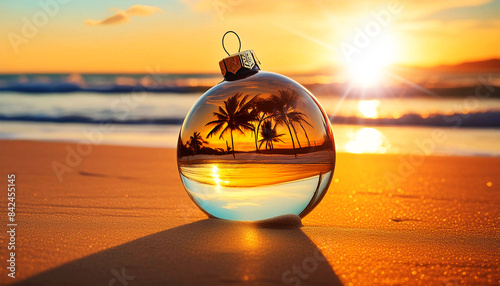 Fototapeta Naklejka Na Ścianę i Meble -  Close-up of a transparent glass Christmas ball on a sandy beach of a tropical sea. Christmas decorations at sunset or sunrise, Christmas and New Year holidays in warm countries, concept. Generative Ai