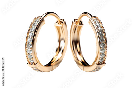 Illuminated Elegance: A Dazzling Duo of Diamond-Adorned Gold Hoop Earrings on White or PNG Transparent Background. photo