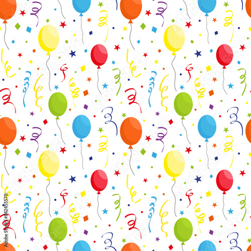 Birthday Party Seamless Pattern. Cute party doodle seamless pattern. Fun party seamless background with Confetti, Balloons and party decoration. Decorative print for birthday parties, textiles, banner