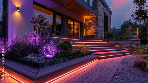 Vibrant RGB lights enhance terrace and garden.