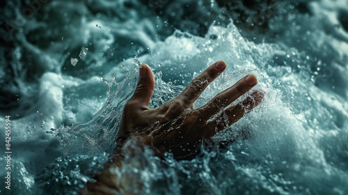 hand of a businessman reaching out, about to drown in the sea