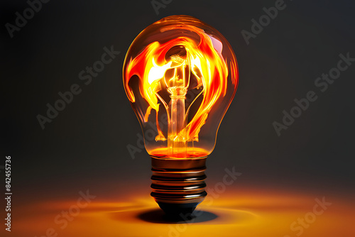 A single lit light bulb sits on a wooden table. The bulb has a glowing filament and a metal base. The background is a dark, unfinished wooden table.