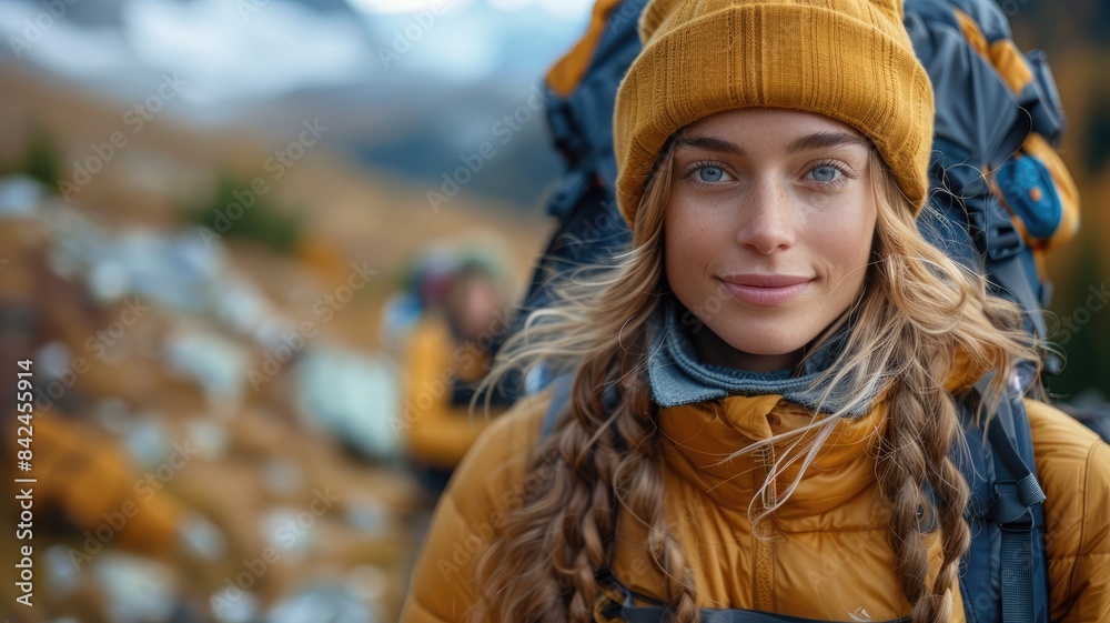 A couple of backpackers are smiling and posing for a photo in the mountains A couple of backpackers are smiling and posing for a photo in the mountains