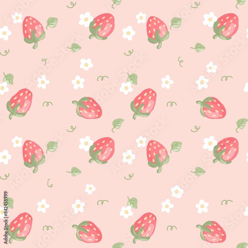 Cute style drawing of strawberries and white daisies on a pink background for fabric designs, gift wrapping paper, wallpaper, bags, book covers, bedsheets, seamless curtains.