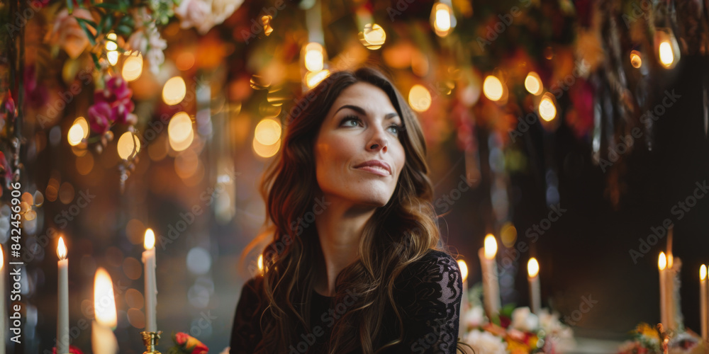 Thoughtful woman with long hair in romantic candlelit setting