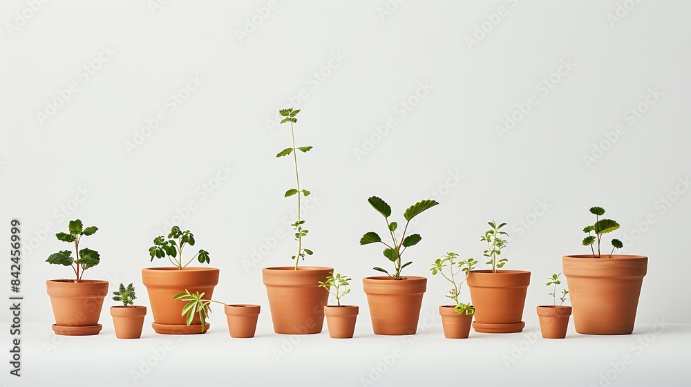 A series of plant pots arranged from smallest to largest on a white backdrop.