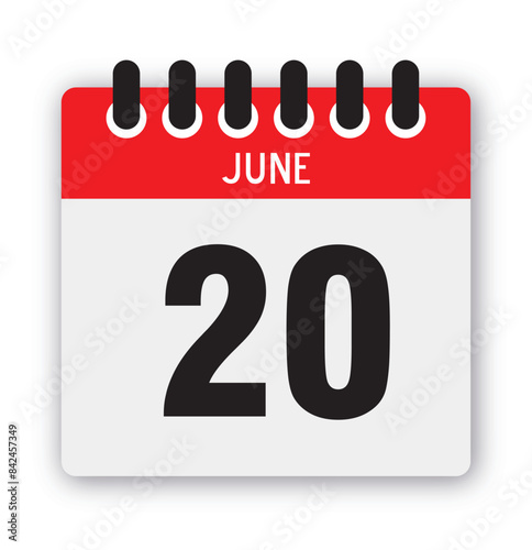 June, 20th calendar icon vector, concept of schedule, business, and tasks