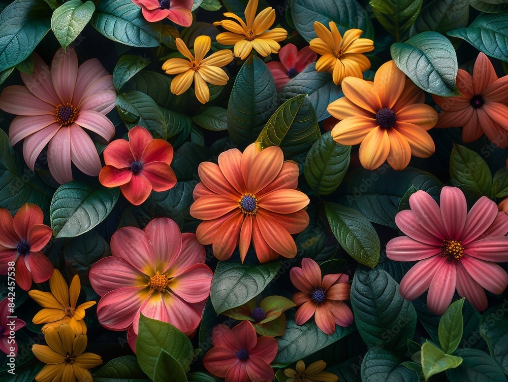 A vibrant garden filled with a variety of colorful flowers and lush green plants. 