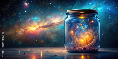 A miniature, otherworldly landscape within a glass jar, featuring swirling nebulae, twinkling stars, and distant galaxies, all contained within a seemingly infinite expanse, outer space photo