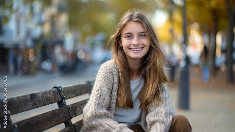 Fototapeta premium Smiling young woman in a knitted sweater outdoors. Generative AI.
