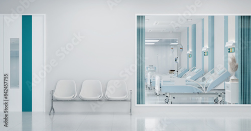 Tableau sur toile Modern hospital with waiting area and hospital bed in rooms