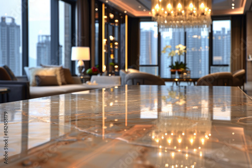 An elegant  polished marble dining table in the foreground with a blurred background of a luxury hotel penthouse suite. 