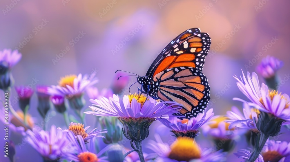 Monarch butterfly feeding on purple aster flower in summer floral background. Monarch butterfly feeding on purple aster flower in summer floral background.