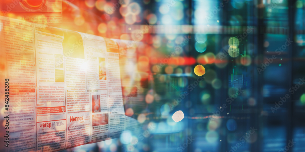 © Mr. Stocker - Abstract blurred newspaper with glowing bokeh and digital elements © Mr. Stocker - Abstract blurred newspaper with glowing bokeh and digital elements