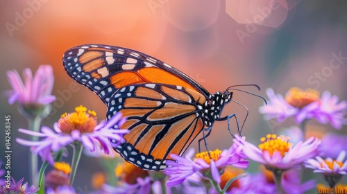 Monarch butterfly feeding on purple aster flower in summer floral background.