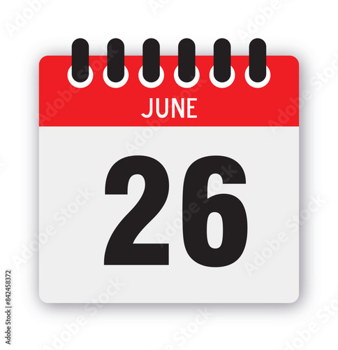 June 26 Calendar Reminder Icon: Daily Template Vector Illustration