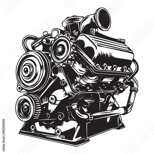 Motor engine design, black vector illustration on white background