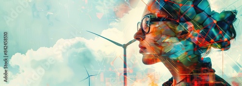 portrait of a confident young woman standing in front of a wind turbine, wearing safety glasses and a hard hat. The wind turbine is in the background and is partially obscured by her hair. photo