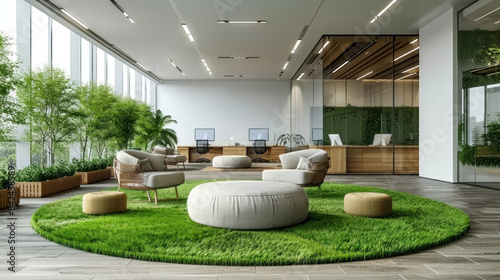 Fresh office look: artificial grass cushions, stylish chair