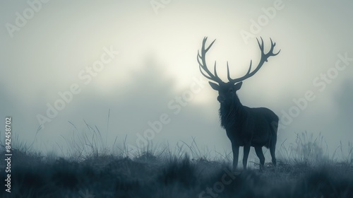 Majestic red deer stag with impressive antlers standing in a foggy forest landscape