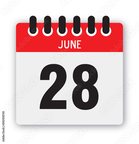 June 28 Calendar Reminder Icon: Daily Template Vector Illustration