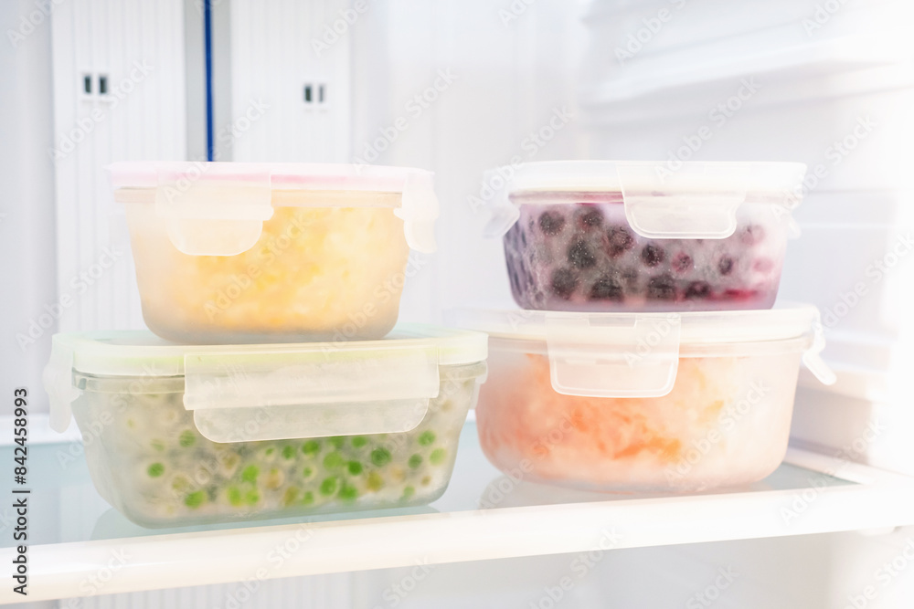 Vegetables and berries in glass boxes in the freezer close-up. Vegetables and berries in glass boxes in the freezer close-up.