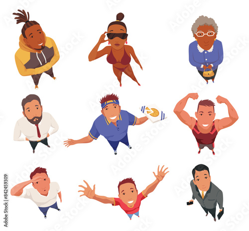 Overhead people looking up. Surprised characters faces watching, staring, top down view. View from above of man and woman. Cartoon vector illustration